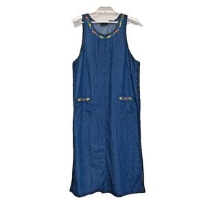Zoey & Beth Denim Jumper Dress Womens Large Medium Wash Floral Prairie Cottage